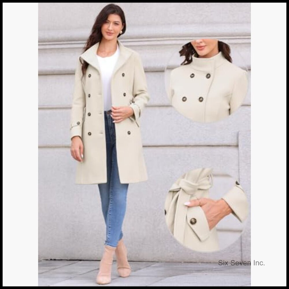 Polyester Pea Coat with Belt Double Breasted Trench Winter Coat - Picture 2 of 6